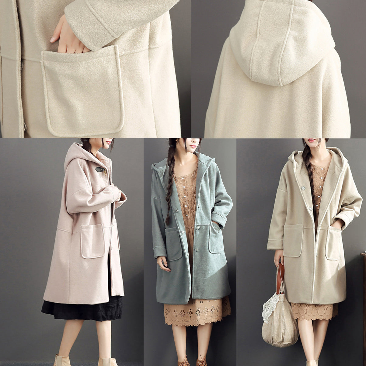 rosa lässige Langarm-Oberbekleidung Baggy Loose Hooded Solid Trenchcoats