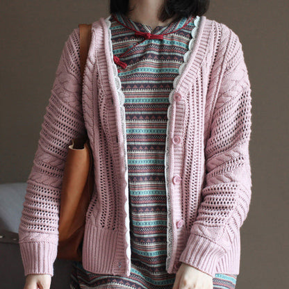 rosa Vintage-Baumwollpullover-Oberteile lockere lässige Spitzen-Strickjacken