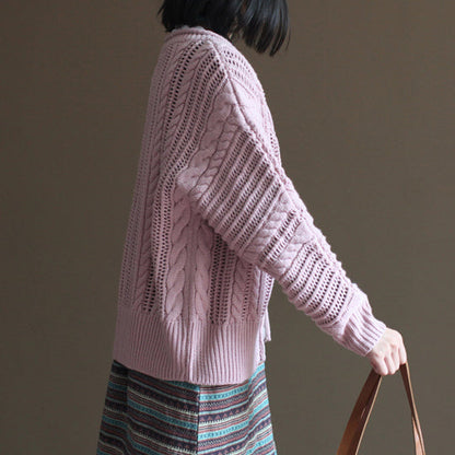 rosa Vintage-Baumwollpullover-Oberteile lockere lässige Spitzen-Strickjacken