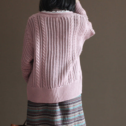 rosa Vintage-Baumwollpullover-Oberteile lockere lässige Spitzen-Strickjacken