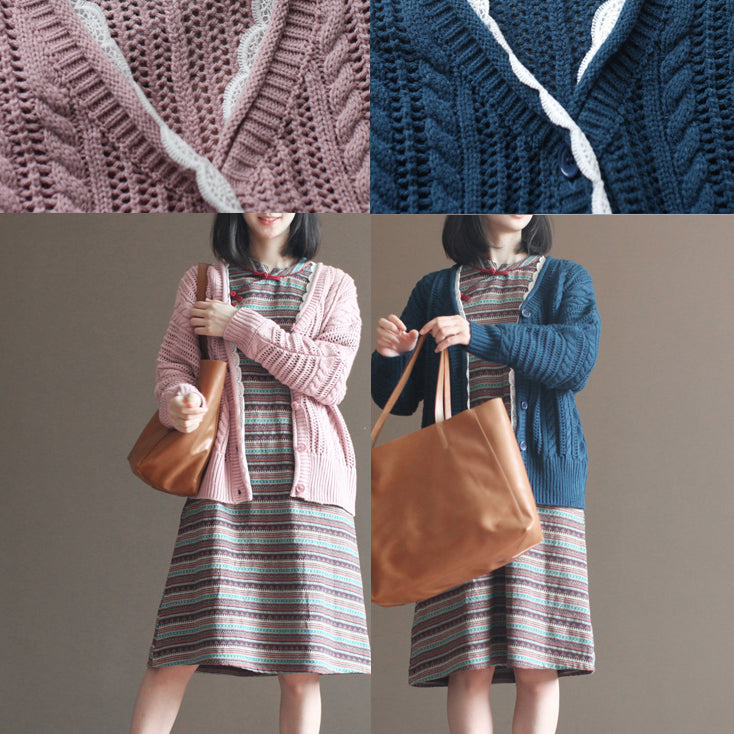 rosa Vintage-Baumwollpullover-Oberteile lockere lässige Spitzen-Strickjacken