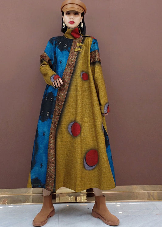 Plus größe Khaki dot Print Wolle lange Kleider Frühling