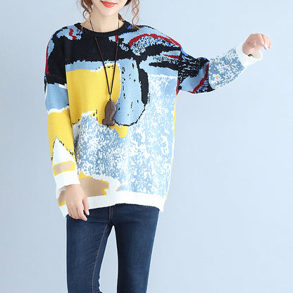 Plus Size blau bedruckte Wollstrickoberteile lässiger O-Ausschnitt warmer Pullover