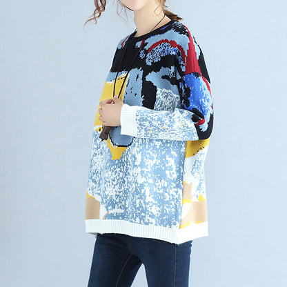 Plus Size blau bedruckte Wollstrickoberteile lässiger O-Ausschnitt warmer Pullover