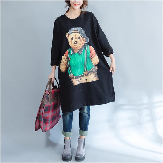Plus Size Casual Schwarz Cartoon Print Baumwollkleider Langarm Mittellang T-Shirt Pullover