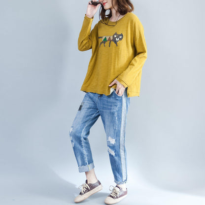 Plus Size lässiges Baumwoll-T-Shirt gelb gemütliches Herbstoutfit