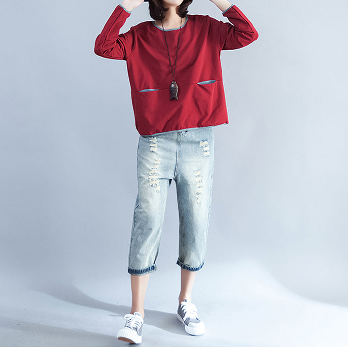 Lässiges Baumwoll-T-Shirt in Übergröße, burgunderfarben, klobige Langarmoberteile