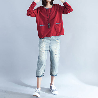 Lässiges Baumwoll-T-Shirt in Übergröße, burgunderfarben, klobige Langarmoberteile