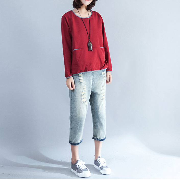 Lässiges Baumwoll-T-Shirt in Übergröße, burgunderfarben, klobige Langarmoberteile