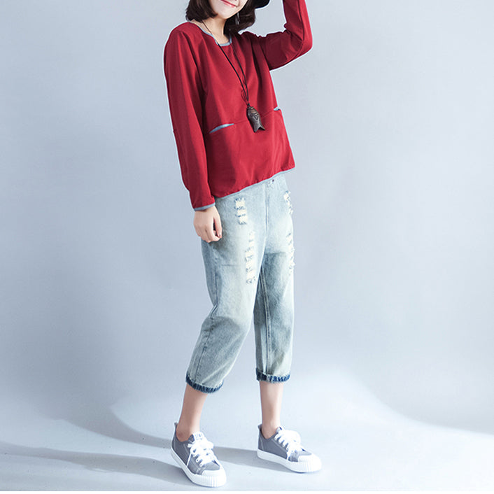 Lässiges Baumwoll-T-Shirt in Übergröße, burgunderfarben, klobige Langarmoberteile