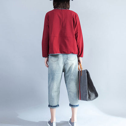 Lässiges Baumwoll-T-Shirt in Übergröße, burgunderfarben, klobige Langarmoberteile