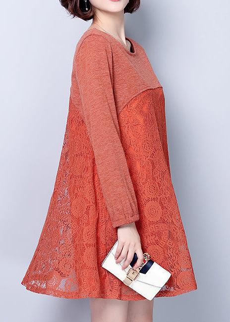 Plus size casual dunkelrosa Baumwolle gemischt Kleider Patchwork Spitze O ​​Hals elegante Frauen Kleid