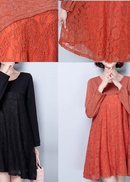 Plus size casual dunkelrosa Baumwolle gemischt Kleider Patchwork Spitze O ​​Hals elegante Frauen Kleid