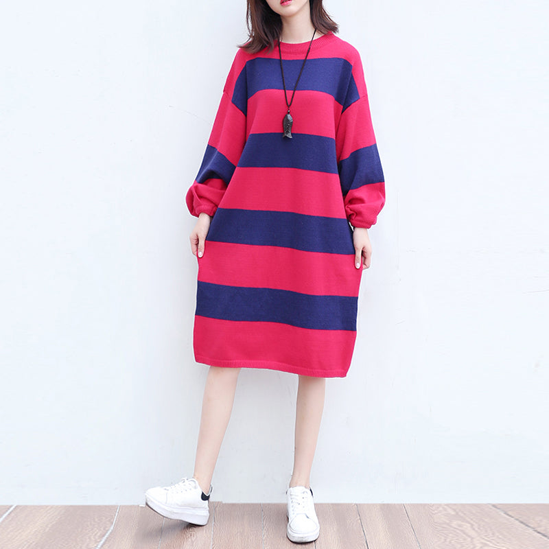 Lässiges Wollstrickkleid in Übergröße, rot-blau gestreiftes Patchwork-Oversize-Strickkleid mit langen Ärmeln