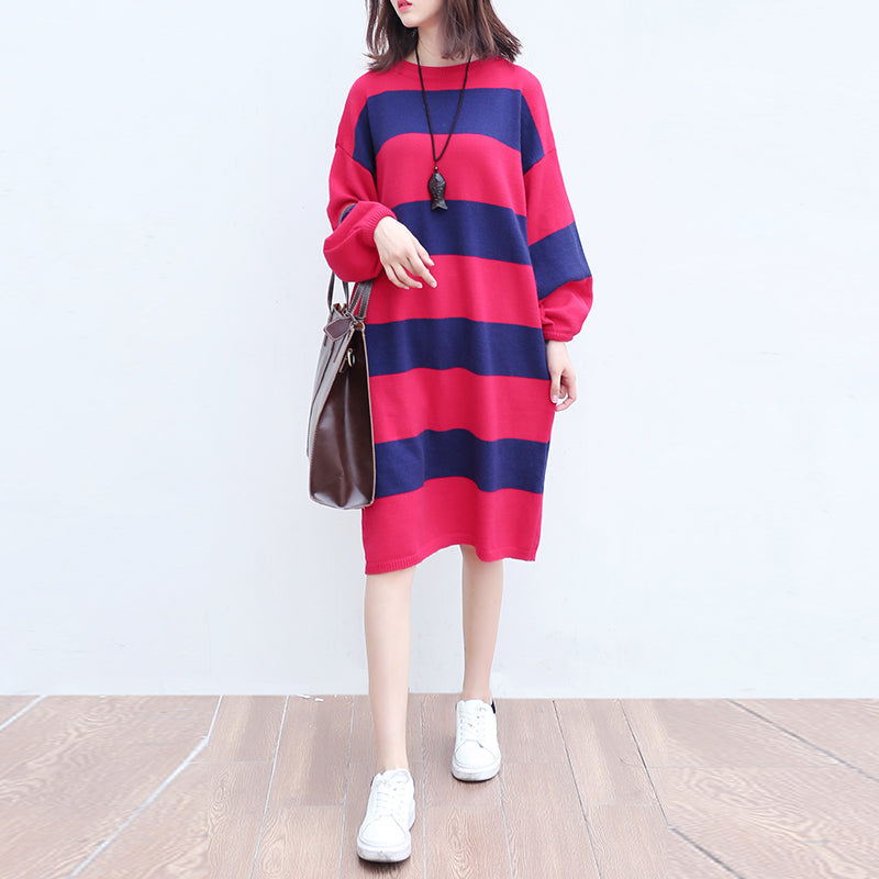 Lässiges Wollstrickkleid in Übergröße, rot-blau gestreiftes Patchwork-Oversize-Strickkleid mit langen Ärmeln