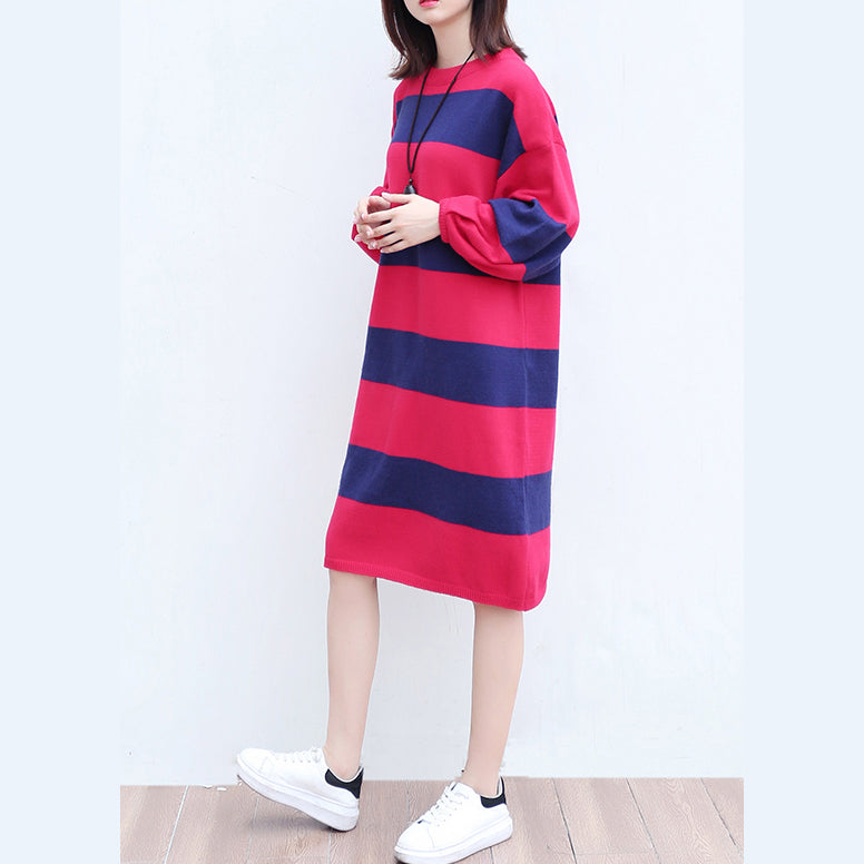 Lässiges Wollstrickkleid in Übergröße, rot-blau gestreiftes Patchwork-Oversize-Strickkleid mit langen Ärmeln