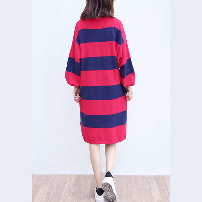 Lässiges Wollstrickkleid in Übergröße, rot-blau gestreiftes Patchwork-Oversize-Strickkleid mit langen Ärmeln