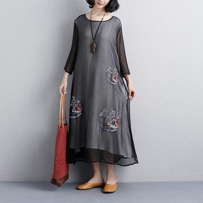 Plus Size Sommerkleid Mode Ethnische Casual Stickerei Dreiviertelärmel Schwarzes Damenkleid