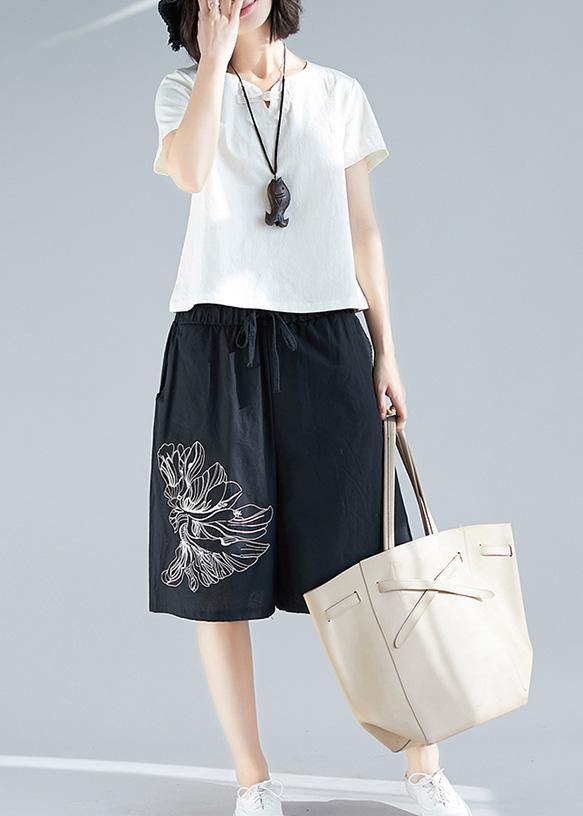 plus size women black cotton blended embroidery shorts - SooLinen