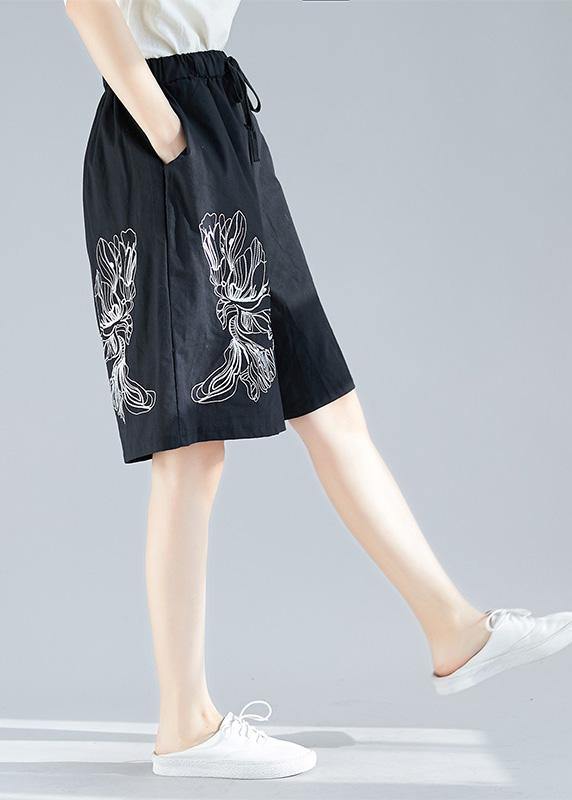 plus size women black cotton blended embroidery shorts - SooLinen