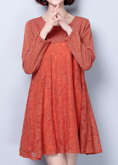 Plus size casual dunkelrosa Baumwolle gemischt Kleider Patchwork Spitze O ​​Hals elegante Frauen Kleid