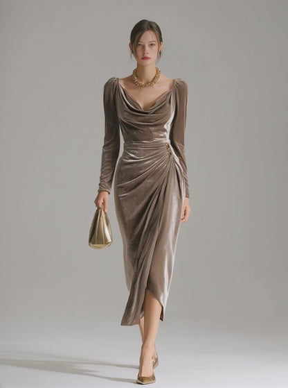 Elegant Pile Collar Velvet Midi Dress