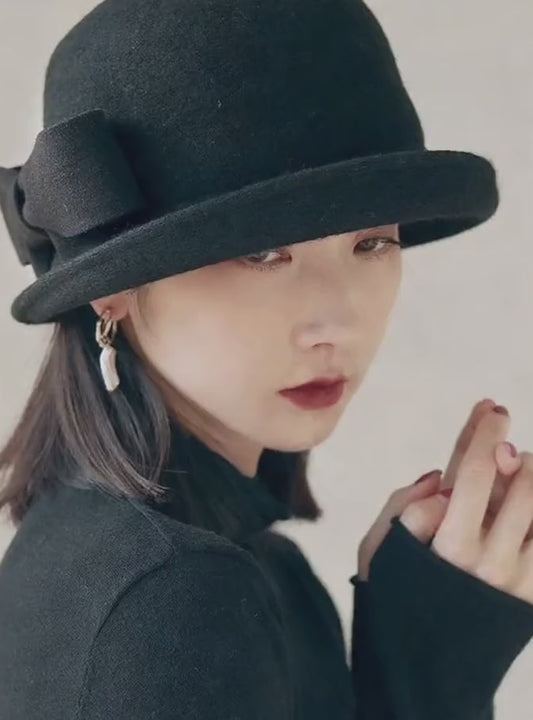 Stylish Black Bow Edge Curl Woolen Cloche Hat