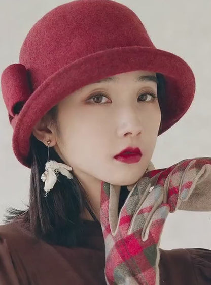 Stylish Black Bow Edge Curl Woolen Cloche Hat