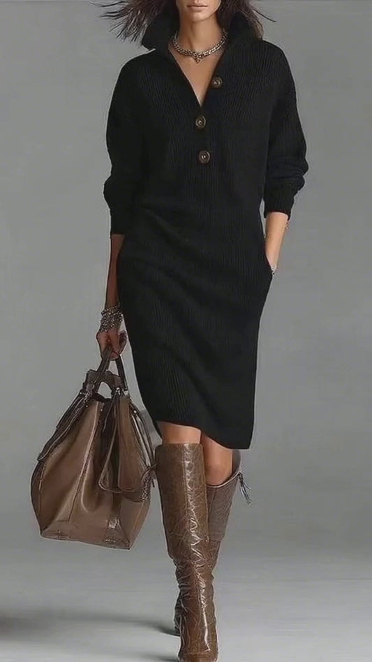 Women's Solid Color Stand Collar Long Sleeve Casual Loose Knitted Dress