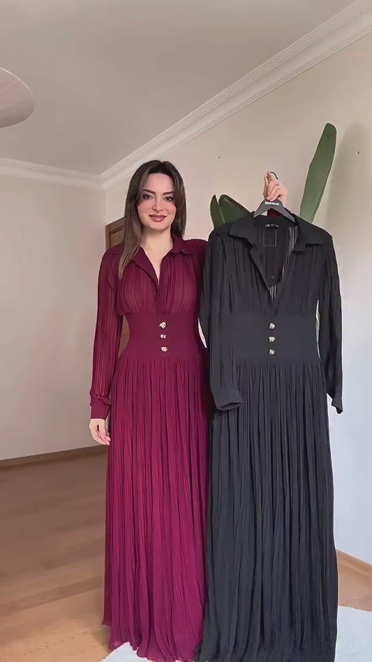 Elegant Pleated Lapel Waisted Long-sleeved Maxi Dress