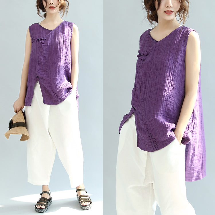 Drucken Sie lässige Leinenoberteile Vintage lose Bluse Chinese Button ärmelloses T-Shirt