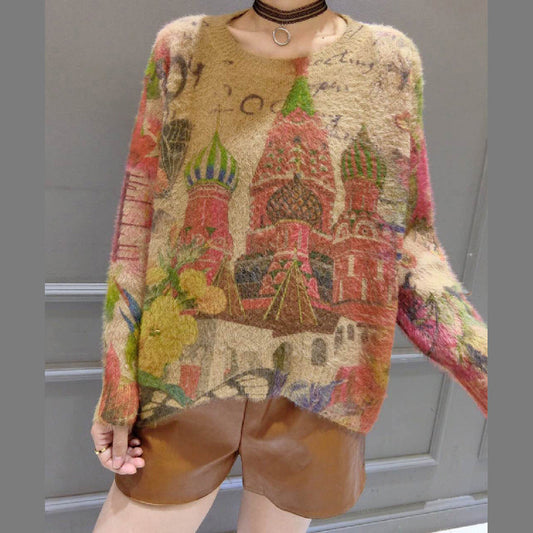 druckt wilde lässige Damen-Baumwoll-Strickoberteile in Übergröße mit Rundhalsausschnitt, einzigartiger Pullover