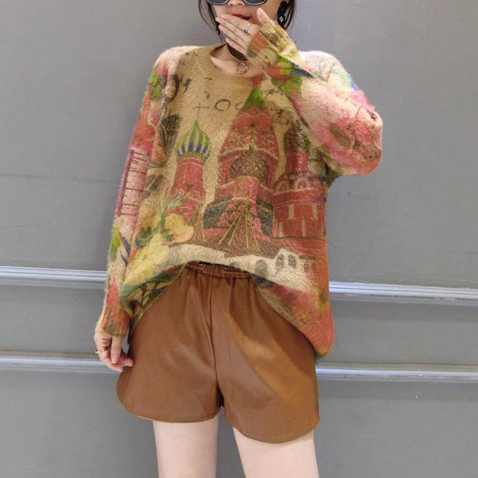 druckt wilde lässige Damen-Baumwoll-Strickoberteile in Übergröße mit Rundhalsausschnitt, einzigartiger Pullover