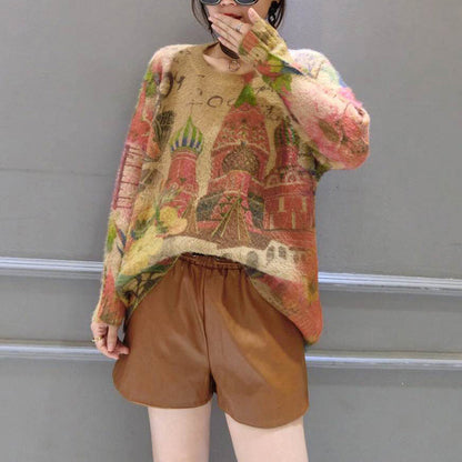 druckt wilde lässige Damen-Baumwoll-Strickoberteile in Übergröße mit Rundhalsausschnitt, einzigartiger Pullover