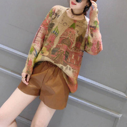 druckt wilde lässige Damen-Baumwoll-Strickoberteile in Übergröße mit Rundhalsausschnitt, einzigartiger Pullover