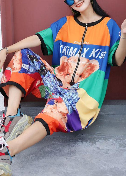 rainbow striped cartoon prints  pants loose women fashion short sleeve jumpsuit pants - SooLinen