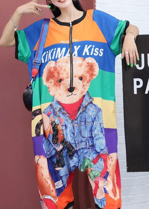 rainbow striped cartoon prints  pants loose women fashion short sleeve jumpsuit pants - SooLinen