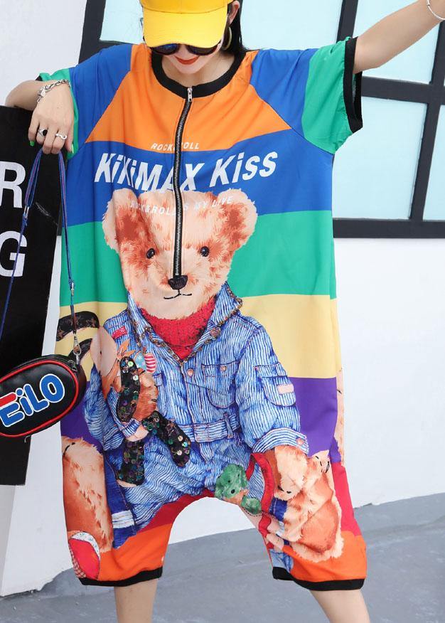 rainbow striped cartoon prints  pants loose women fashion short sleeve jumpsuit pants - SooLinen