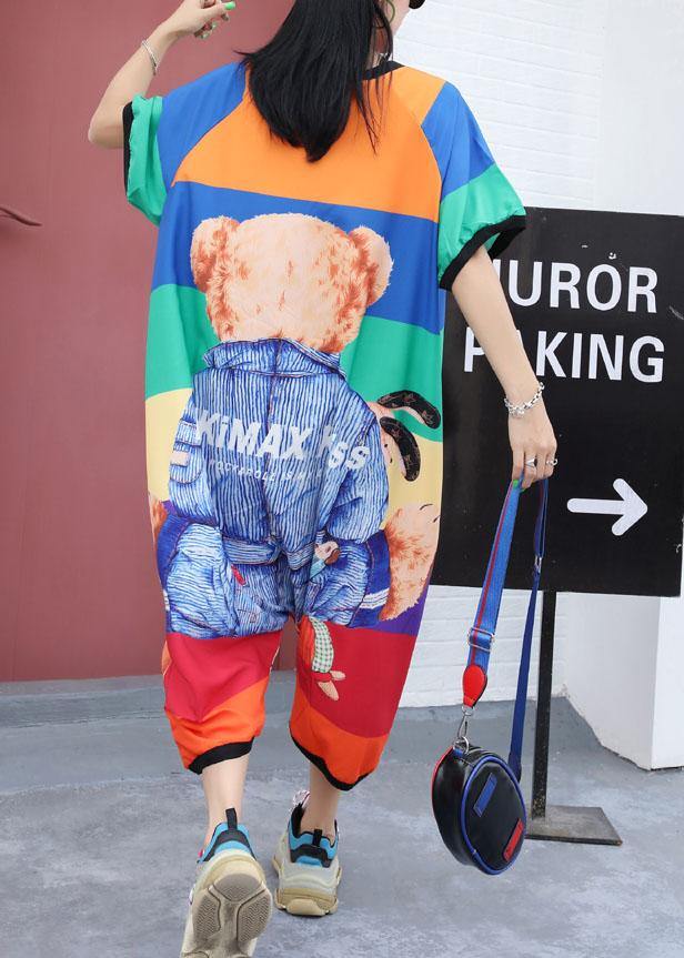 rainbow striped cartoon prints  pants loose women fashion short sleeve jumpsuit pants - SooLinen