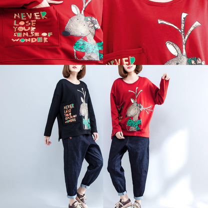 Lässiges T-Shirt mit roten Alphabet-Prints, lässiger Langarmpullover