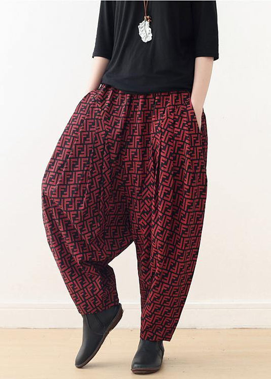 red casual cotton trousers plus size women wide leg pants - SooLinen