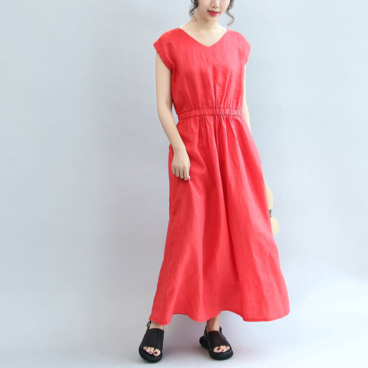 rotes Leinenkleid mit elastischer Taille, lockeres Maxikleid mit kurzen Ärmeln