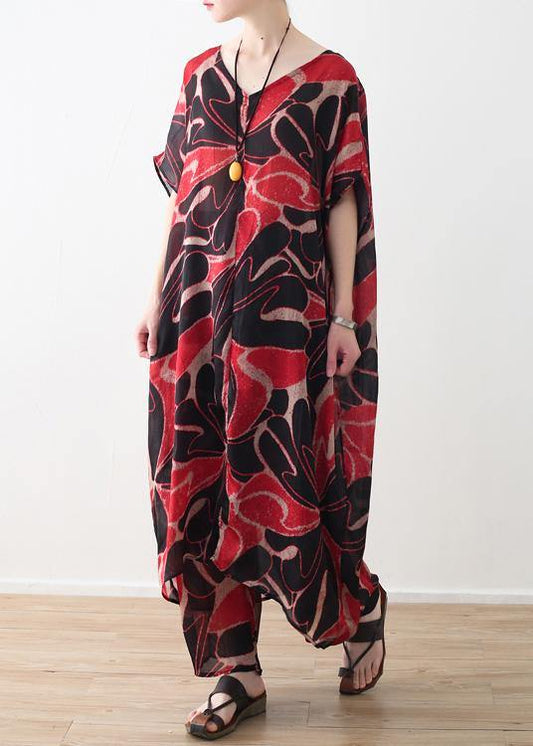 red prints chiffon v neck long tops and vintage casual pants two pieces - SooLinen