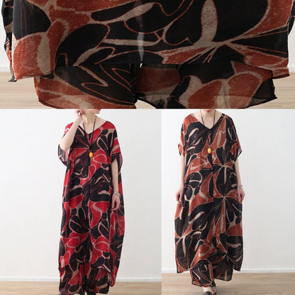 red prints chiffon v neck long tops and vintage casual pants two pieces - SooLinen