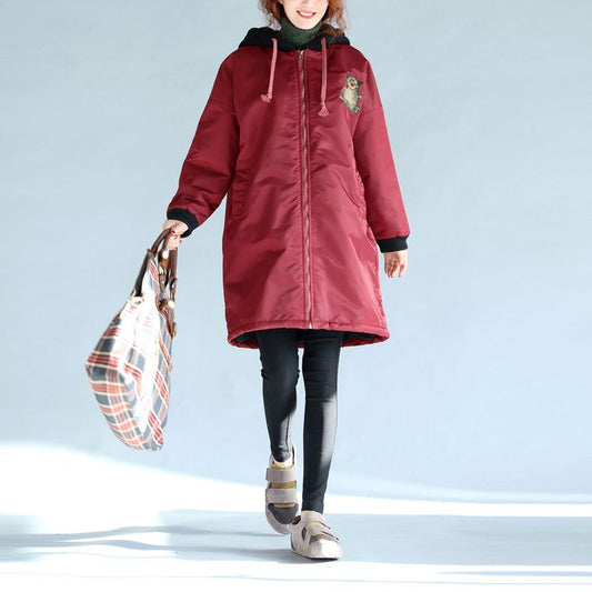 rote dicke warme Trenchcoats mit Reißverschluss übergroße Drucke langärmlige Winteroutfits mit Kapuze