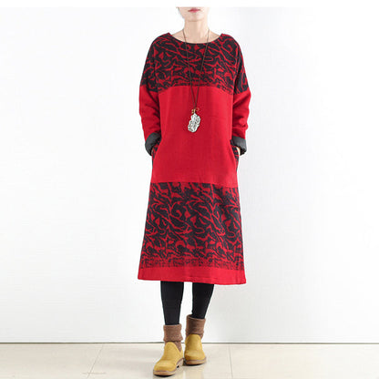 rote Vintage-Winterkleider 2024 Winter-Maxikleid mit Wolldruck, Pullover, Kaftane, lange Hemden