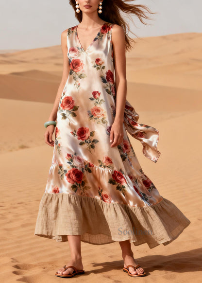 rench Beige Rose Patchwork Linen Silk Robe Dresses Summer