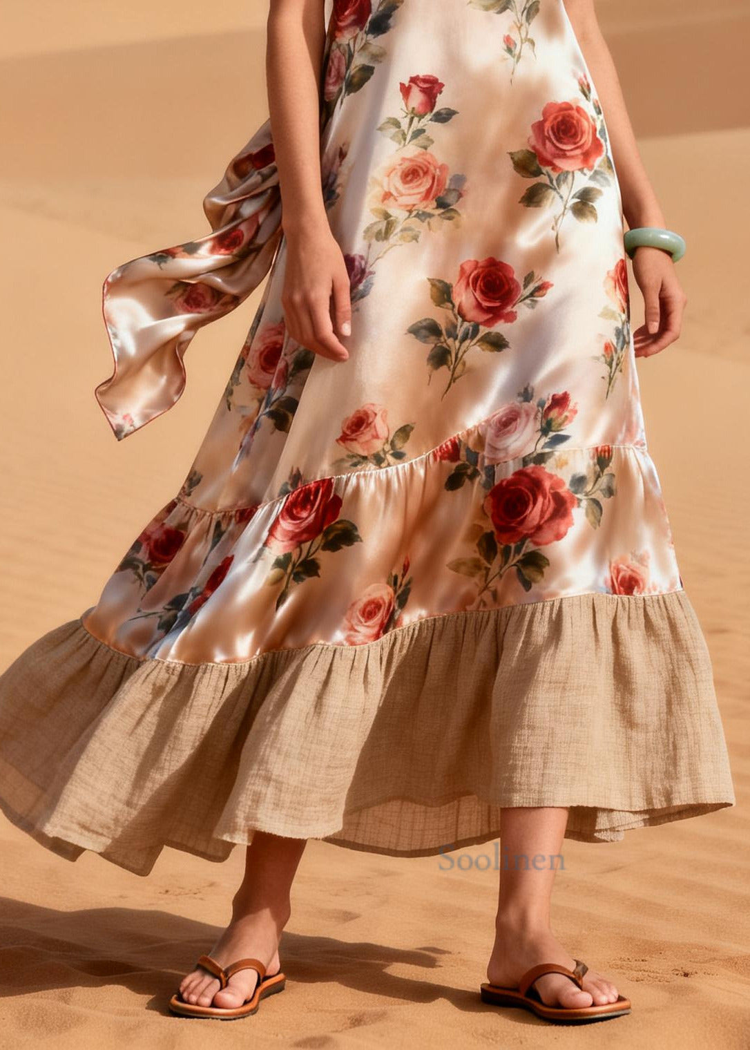 rench Beige Rose Patchwork Linen Silk Robe Dresses Summer