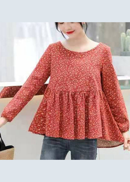 Retro Navy O-Ausschnitt Print Lose Baumwolle Top Langarm