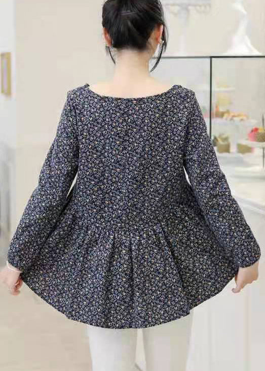 Retro Navy O-Ausschnitt Print Lose Baumwolle Top Langarm